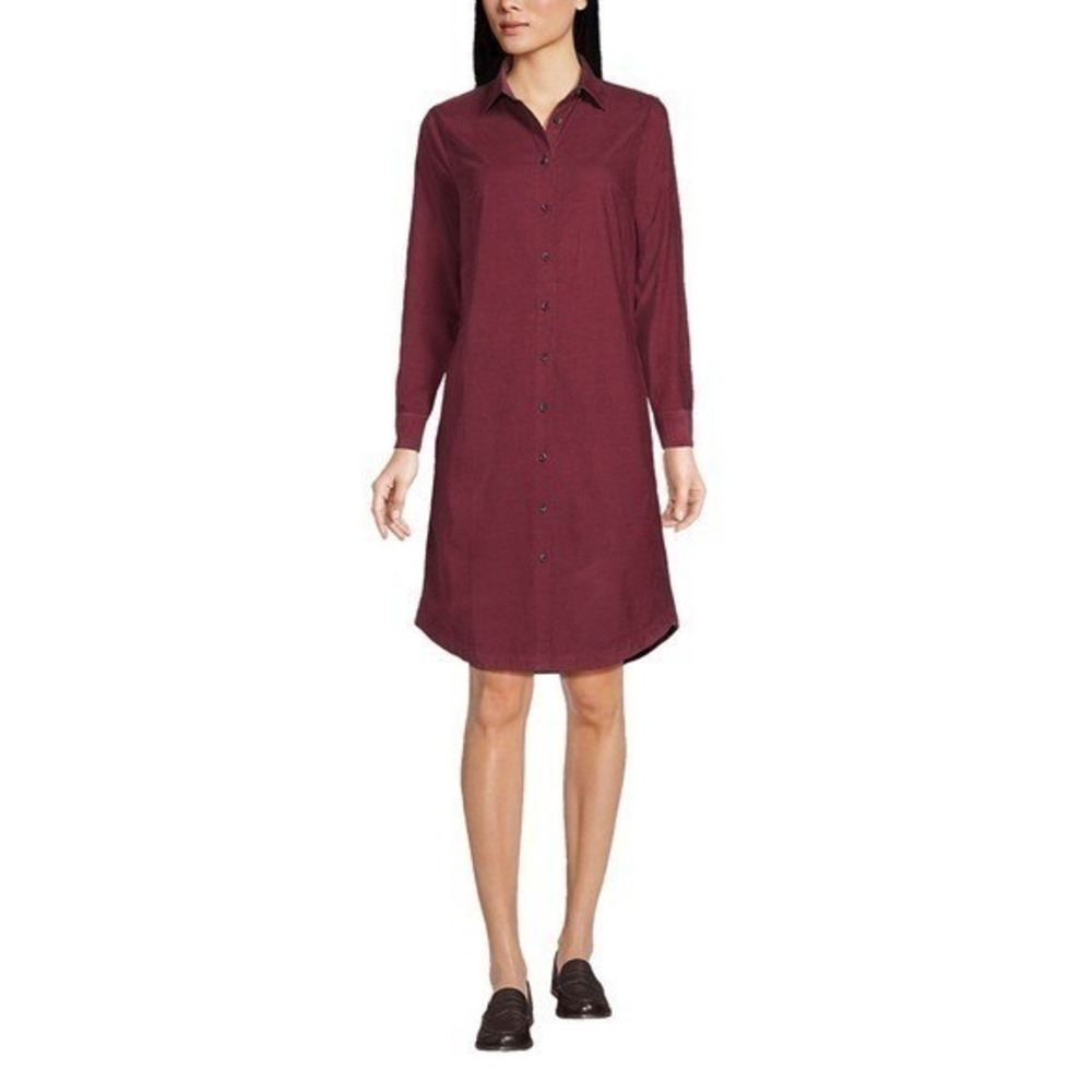 Land's End Pinwale Corduroy Burgundy Long Sleeve Button Shirt Dress Women's Sz M